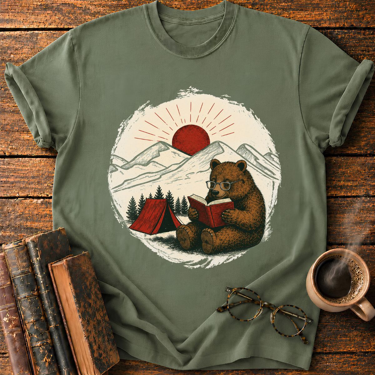 Vintage Camping Bear Reading Badge T-Shirt