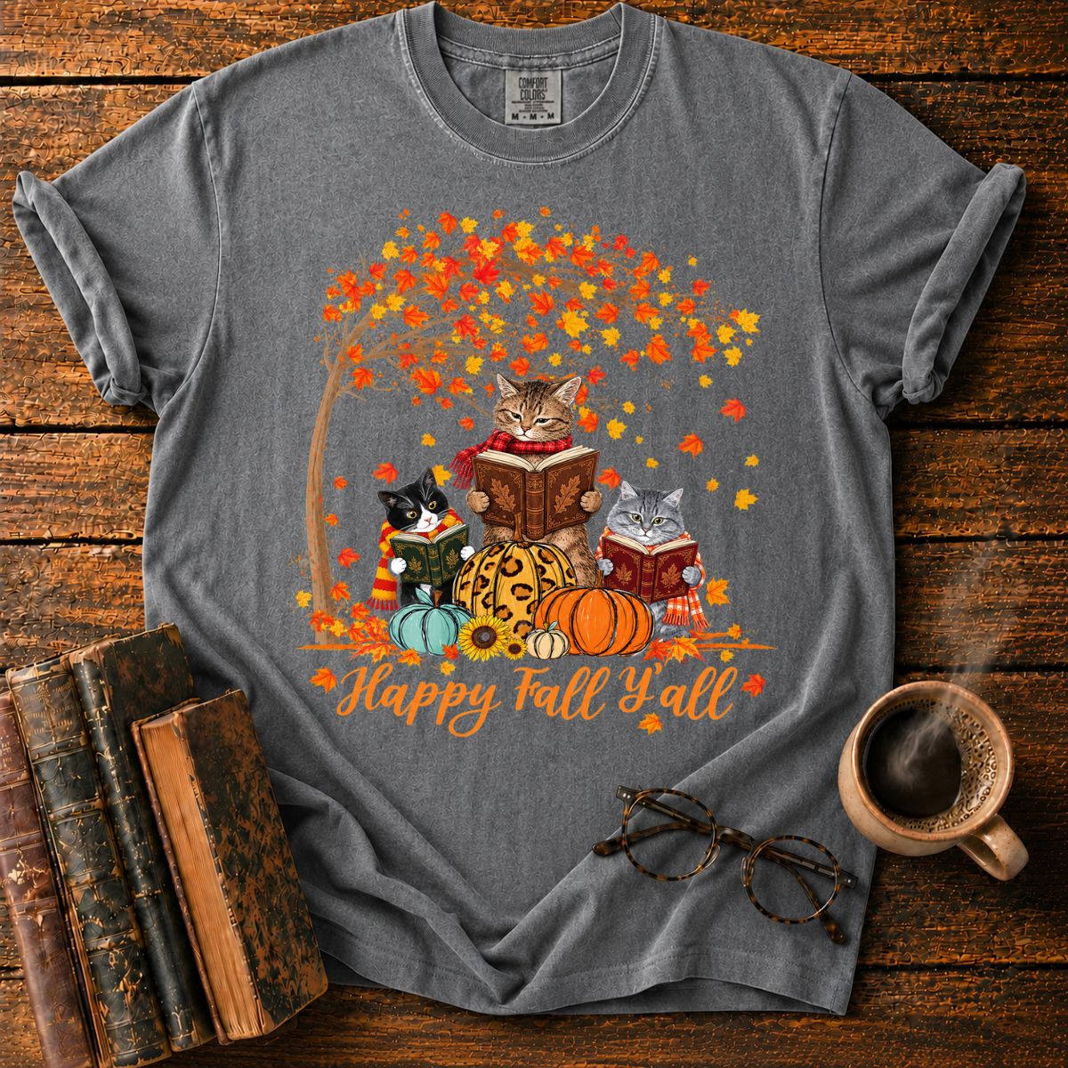 Three Cats Read with Autumn Books T-Shirt