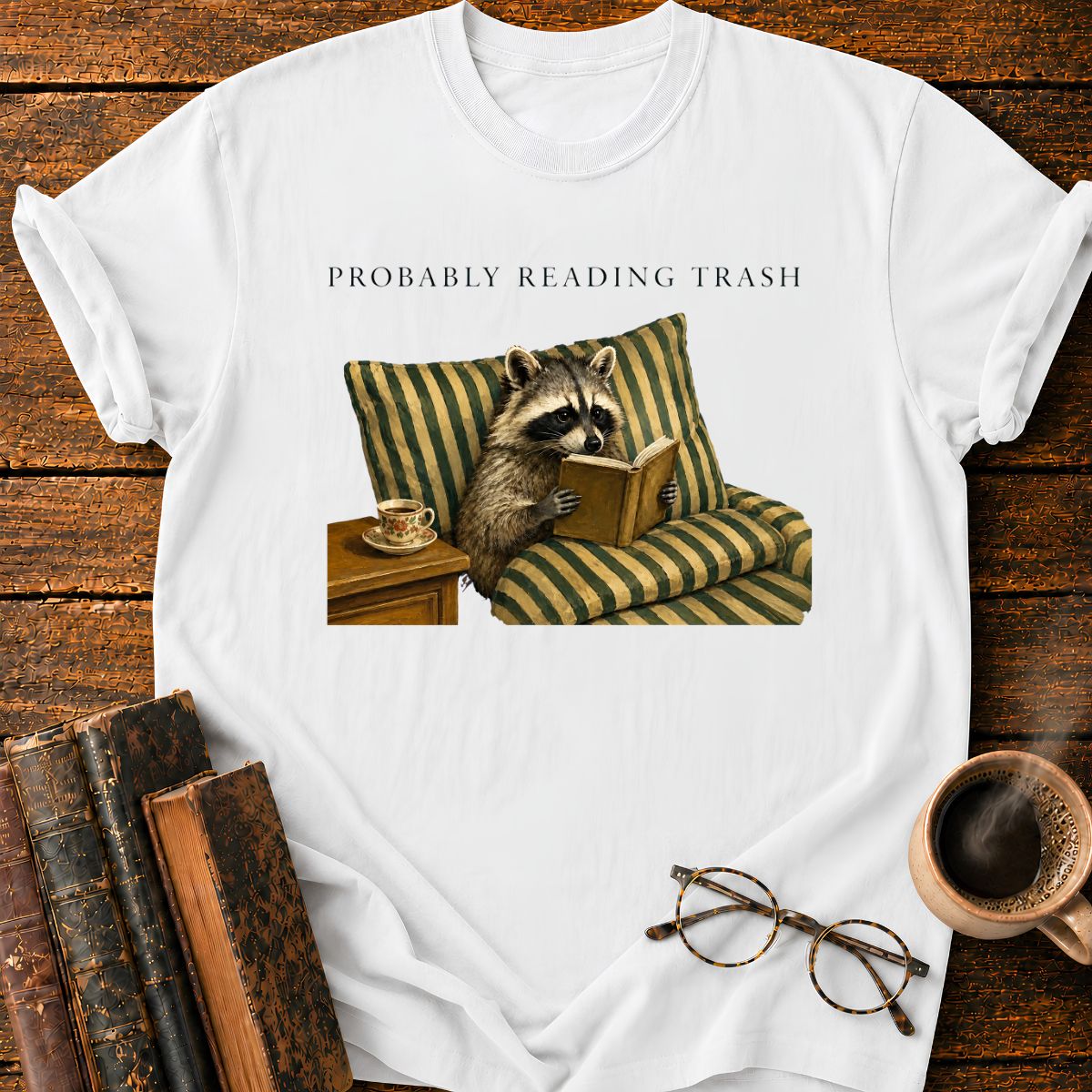 Raccoon Reading in Striped Comfort T-Shirt