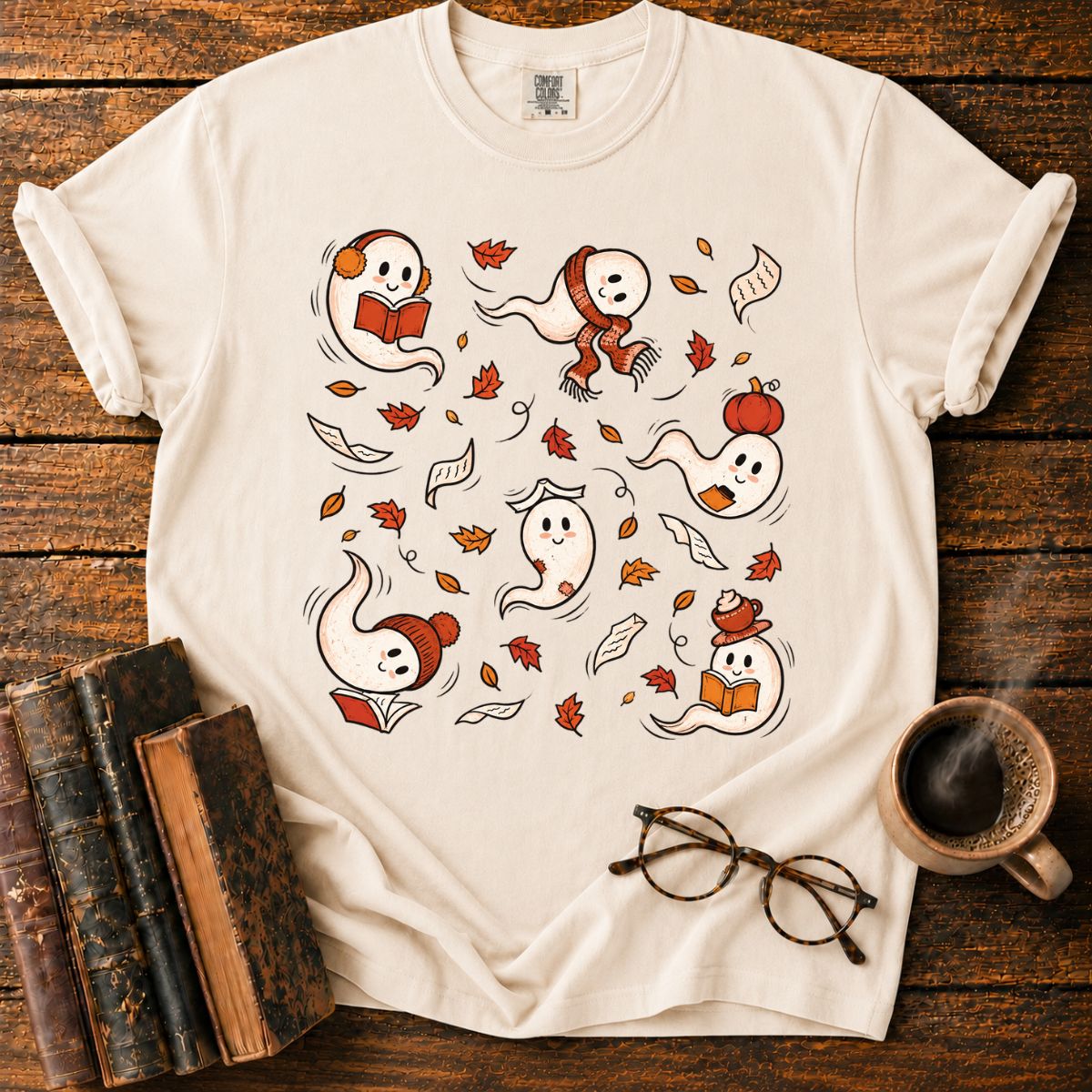 Fall Reading Ghosts Autumn Leaves T-Shirt
