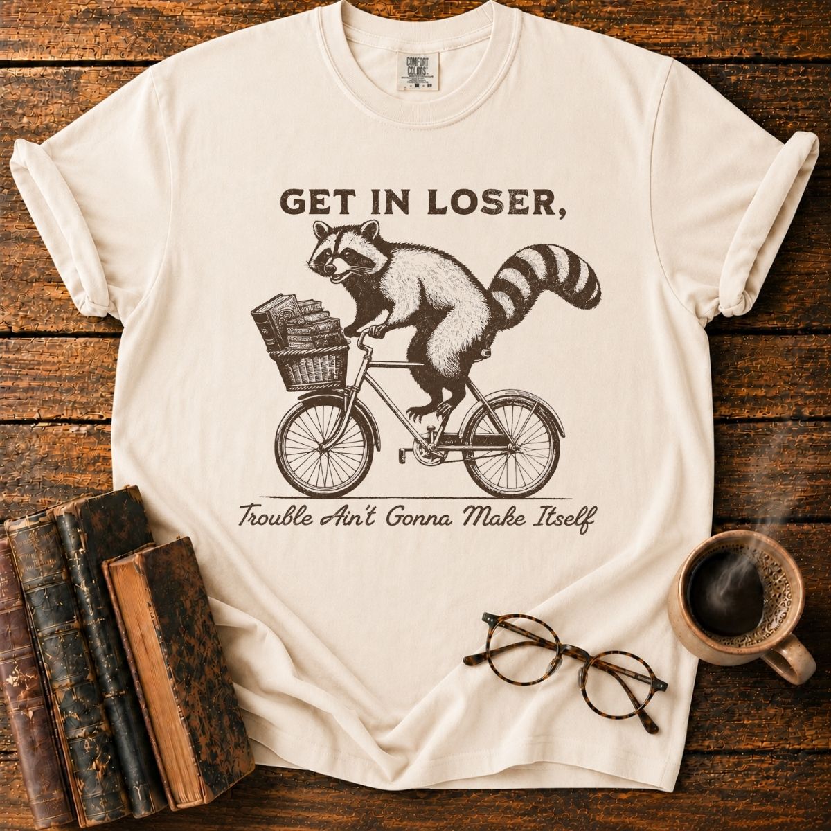 Raccoon’s Vintage Book Bike Ride T-Shirt