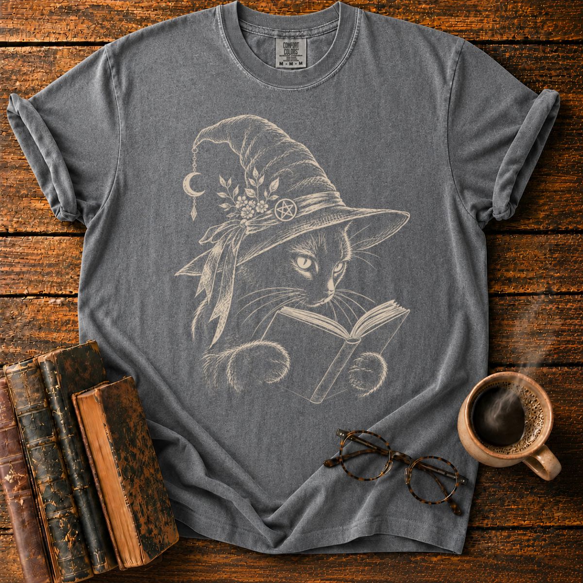 Witchy Cat Reading Under Moonlight T-Shirt