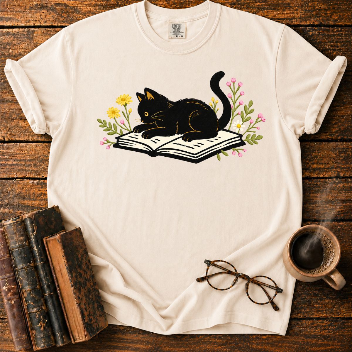 Cat Reading Among Flowers T-Shirt