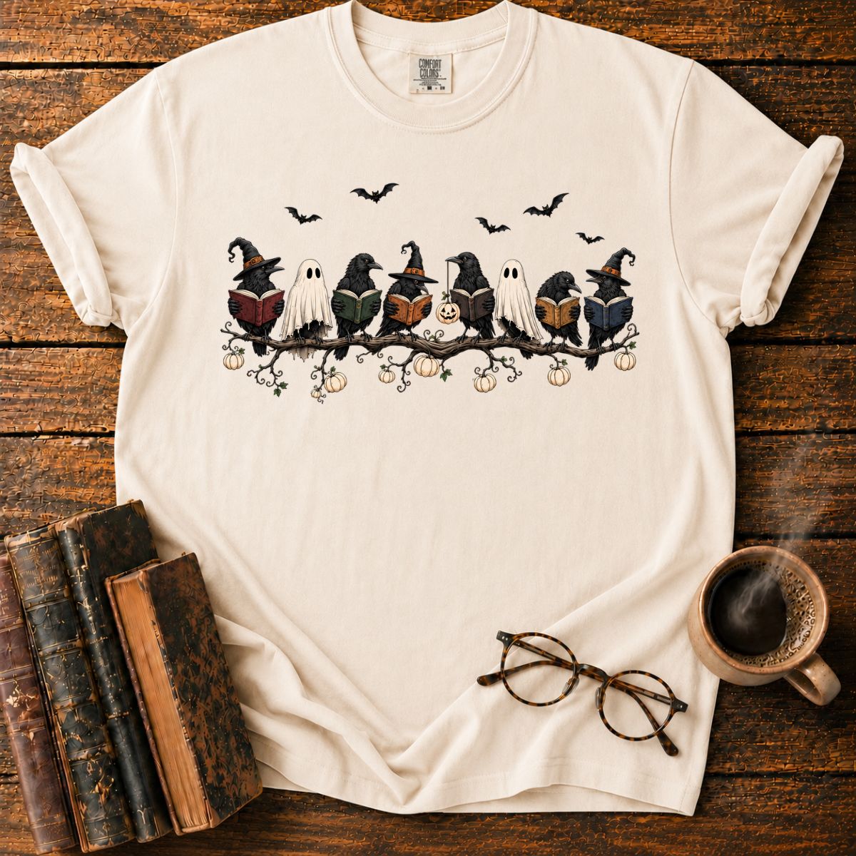 Ravens and Ghosts Reading on Halloween Branch T-Shirt