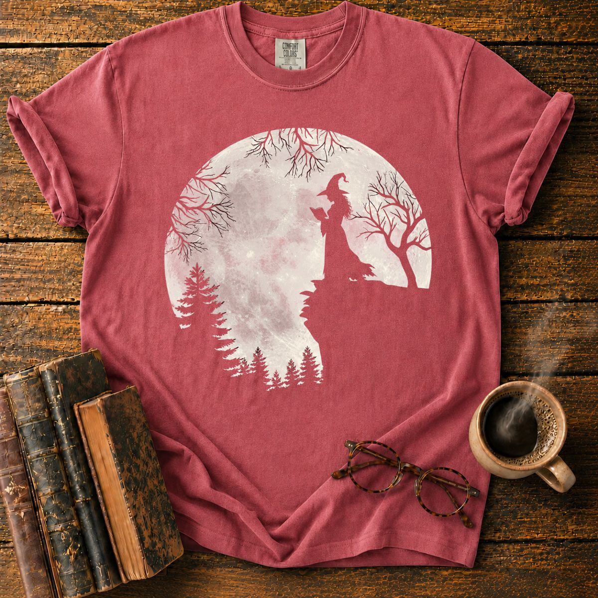 Moonlit Witch Reading on a Rocky Cliff T-Shirt