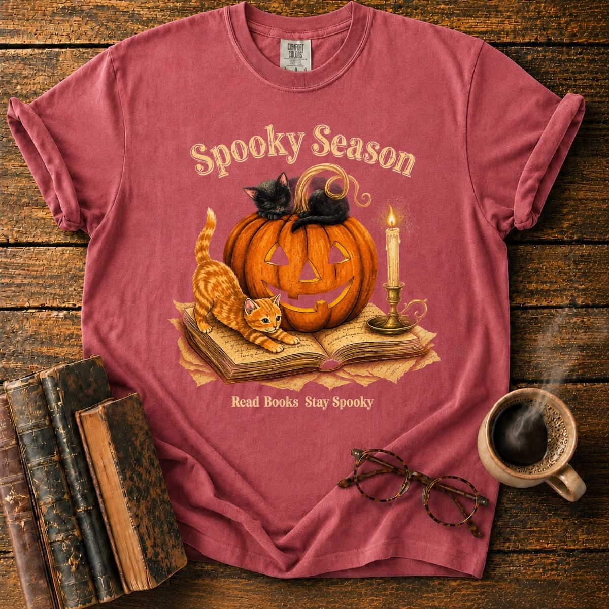 Spooky Season_ Pumpkin, Cats & Books T-Shirt
