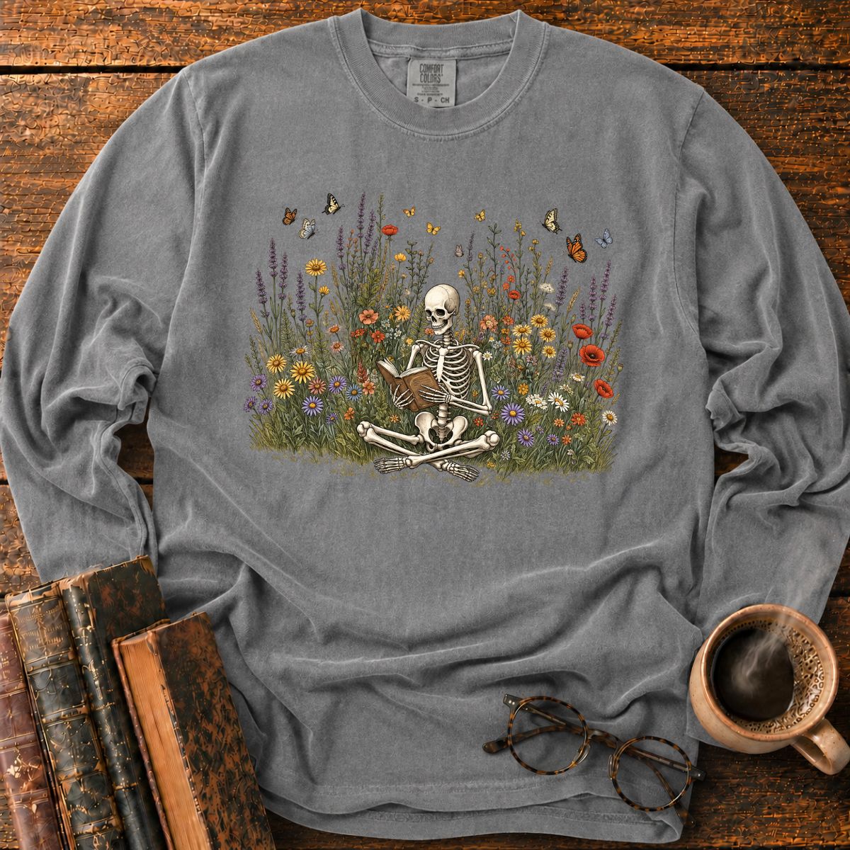 Skeleton Reading Wildflowers LS T-Shirt