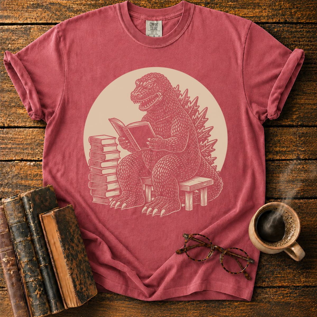 Kaiju Reading in Vintage Woodcut Style T-Shirt