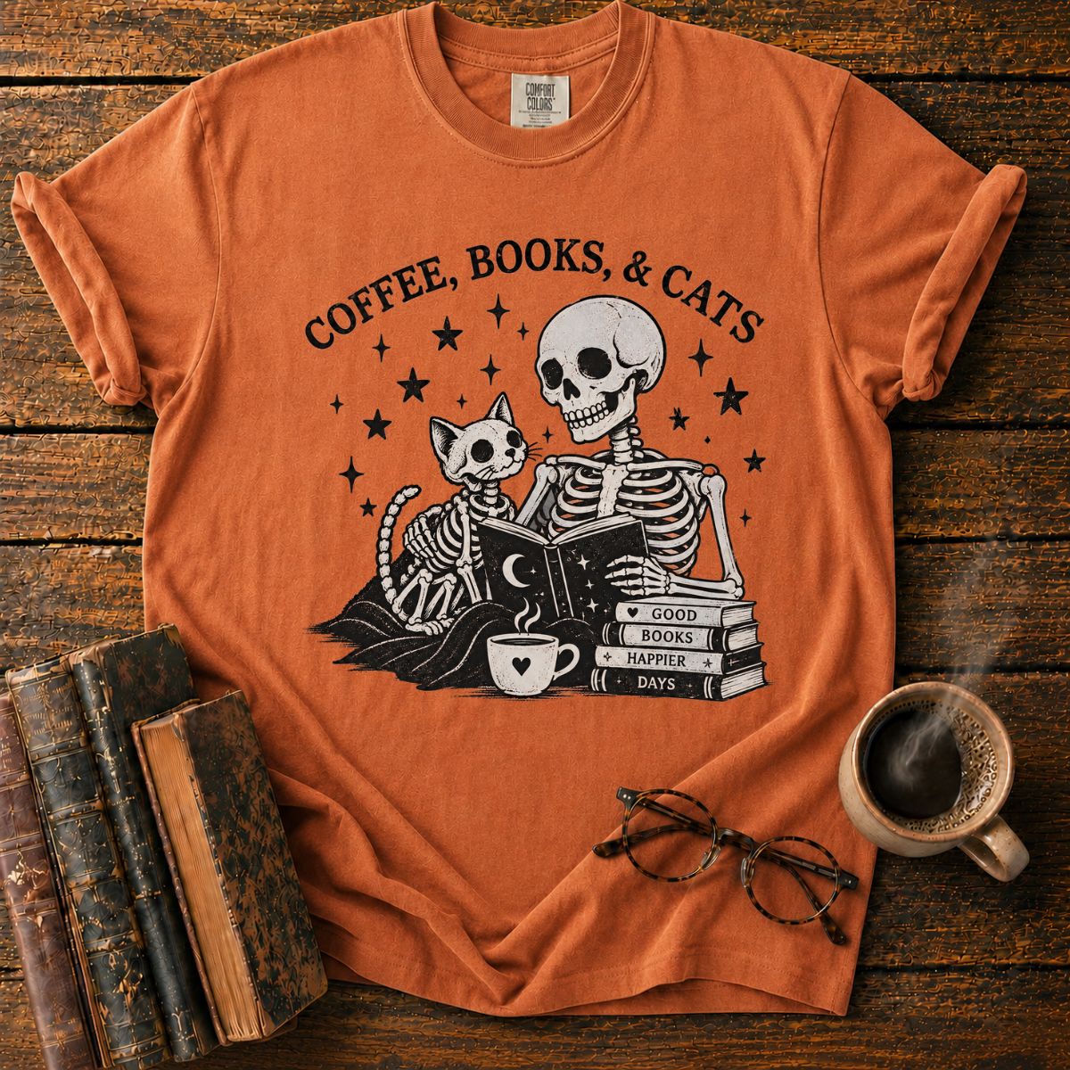 Coffee Books and Cats Skeleton T-Shirt