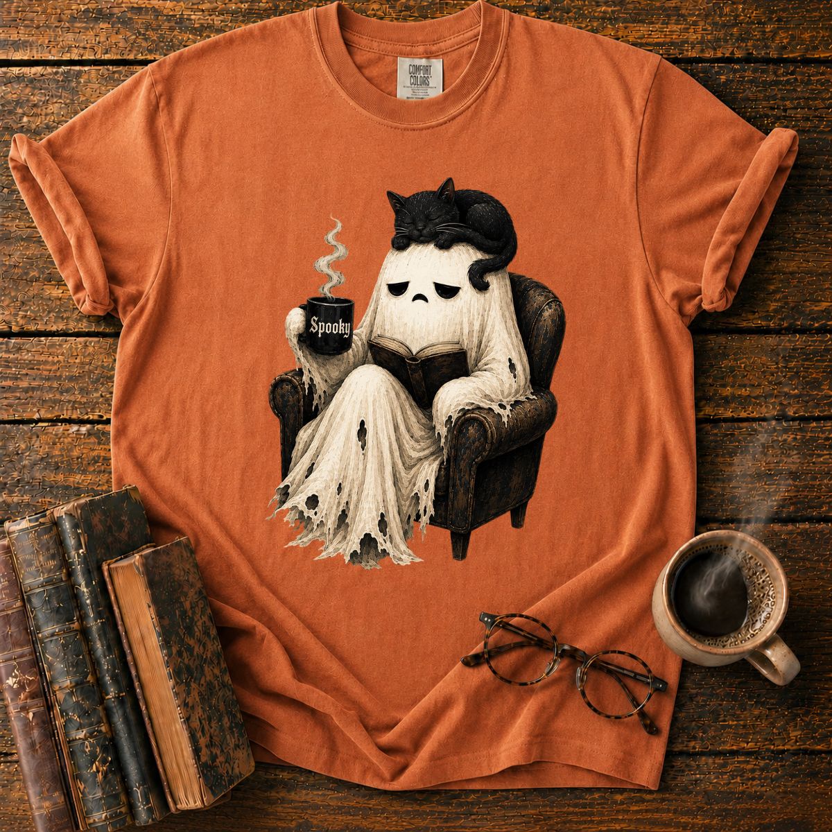 Sleepy Ghost Reading with a Cat T-Shirt