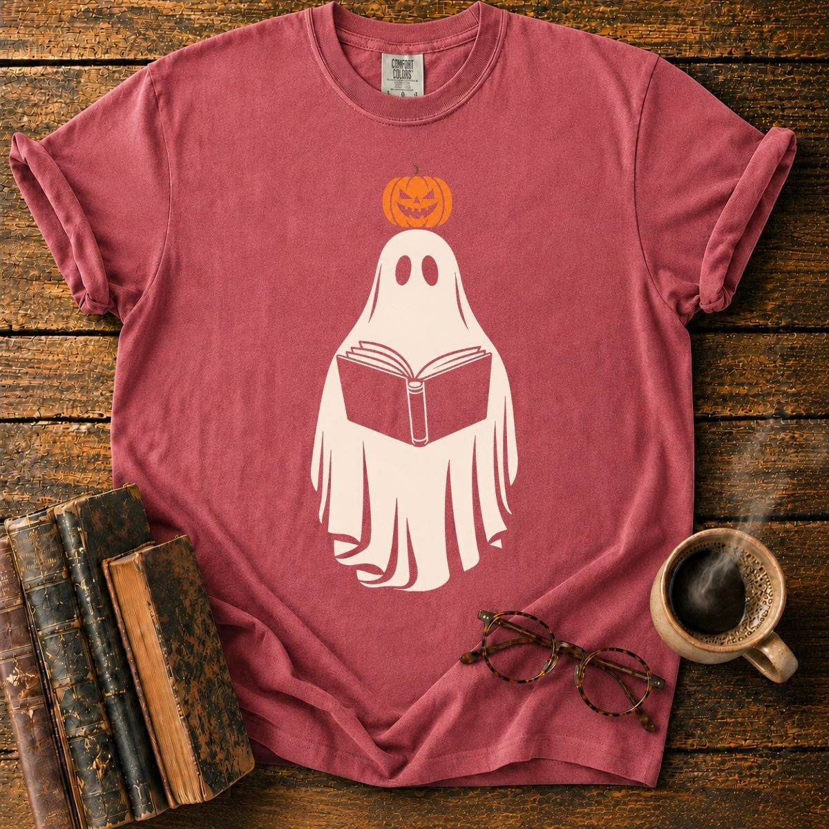 Pumpkin-Topped Ghost Reading a Book T-Shirt