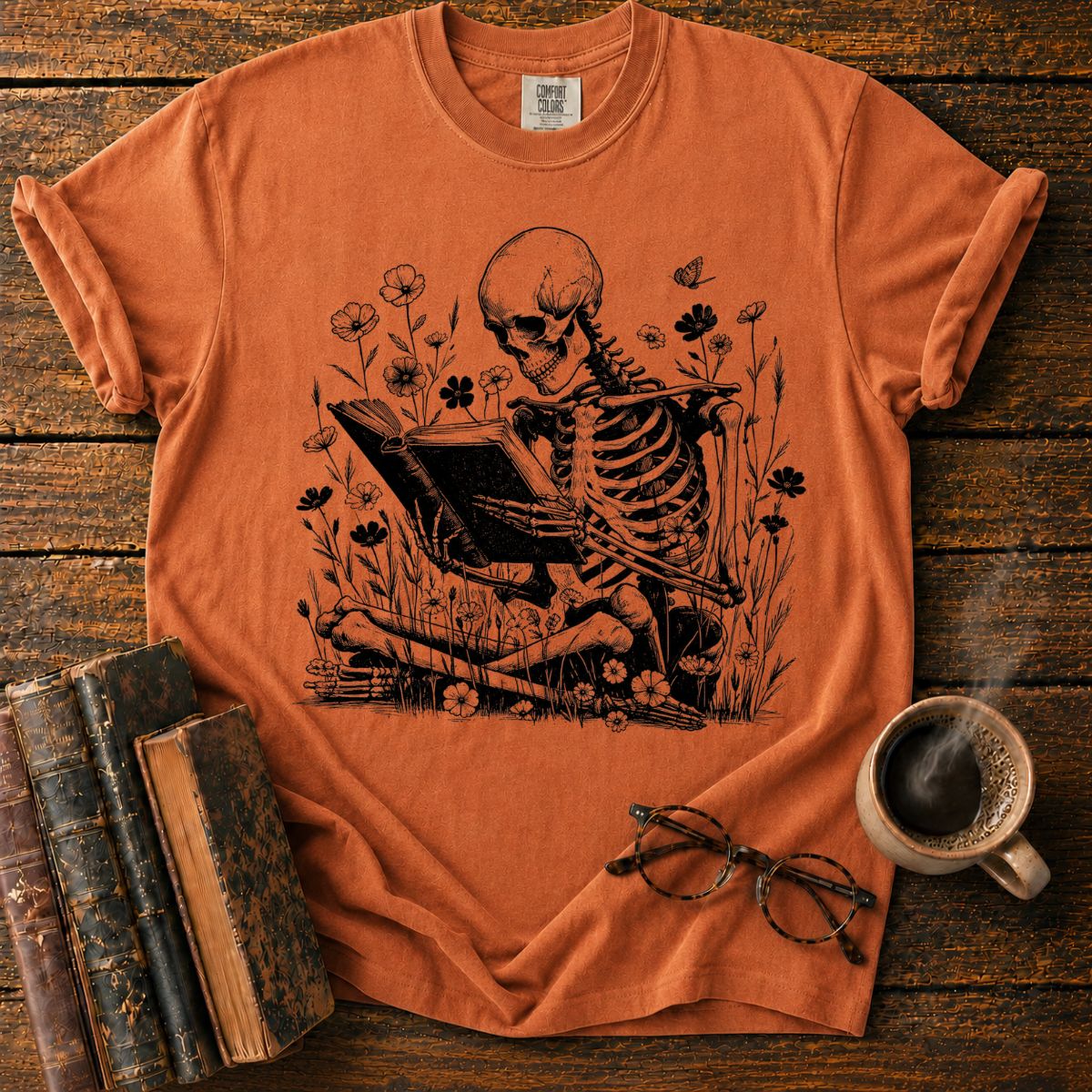 Skeletal Reader in a Wildflower Meadow T-Shirt