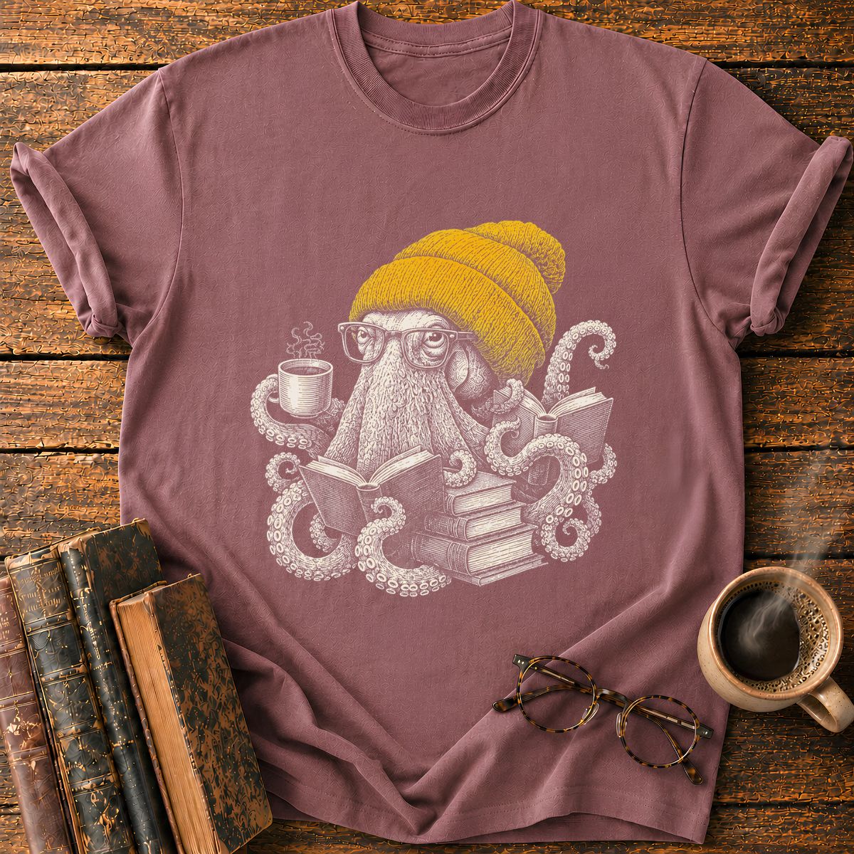 Octopus with Coffee and Books T-Shirt