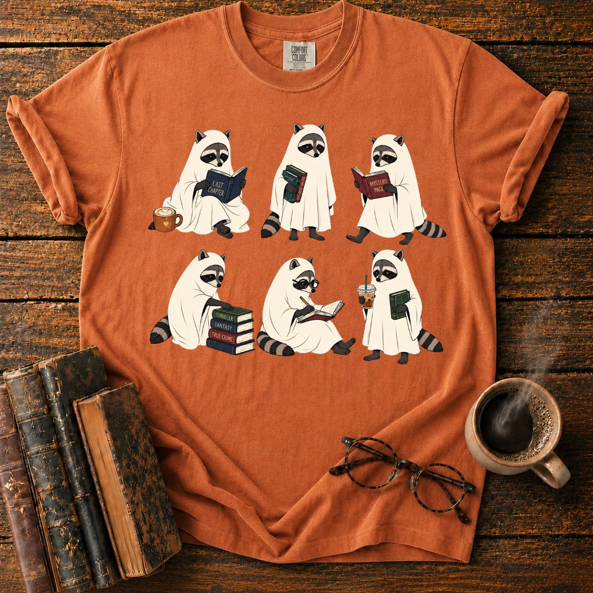 Ghostly Raccoons’ Cozy Book Club T-Shirt