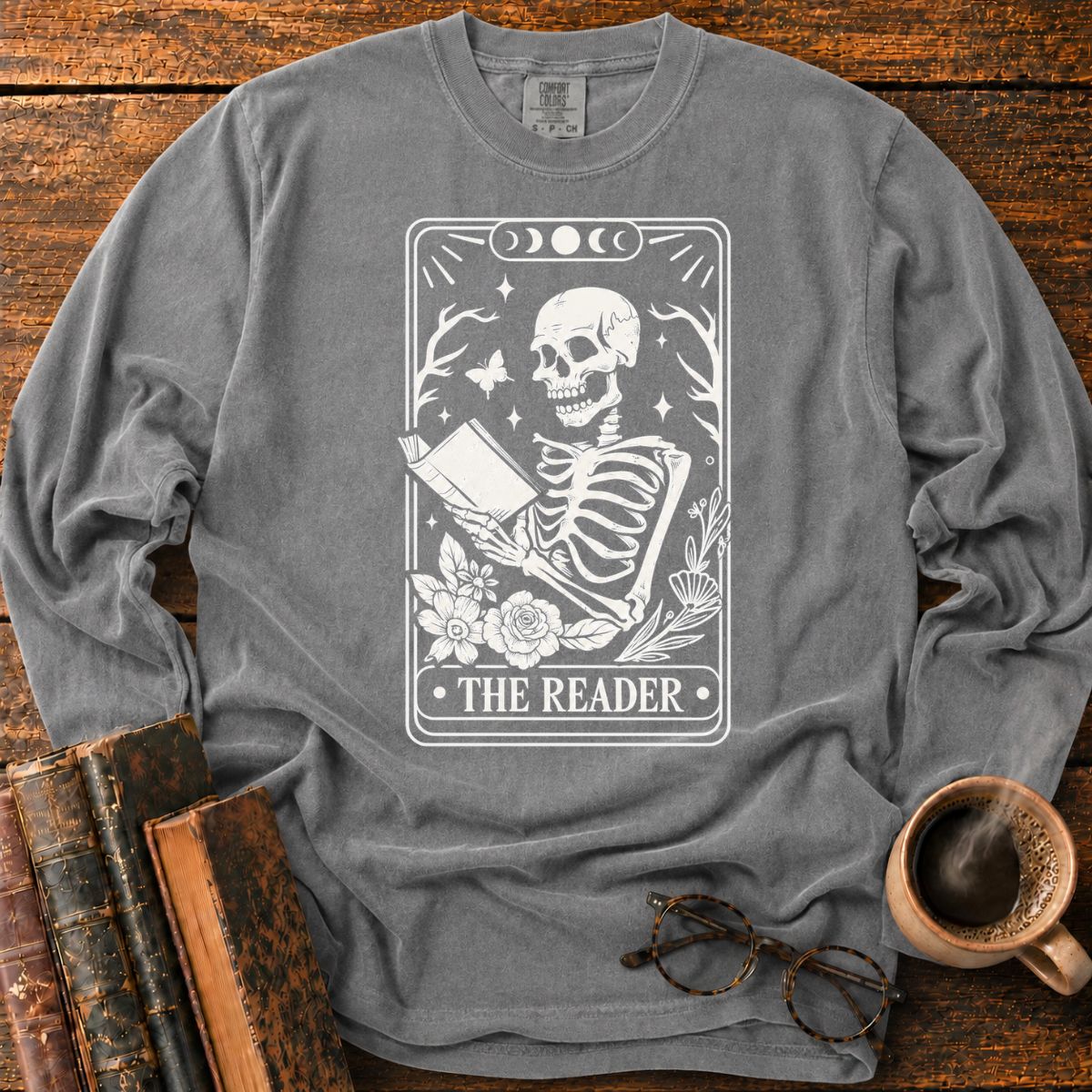 The Reader Skeleton Tarot LS T-Shirt