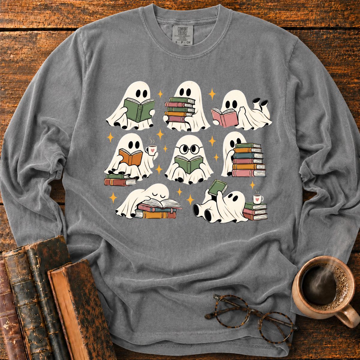 Cozy Ghosts Reading Books LS T-Shirt