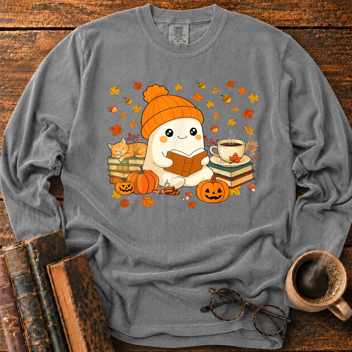Cute Ghost Reading Book Halloween Long Sleeve T-Shirt
