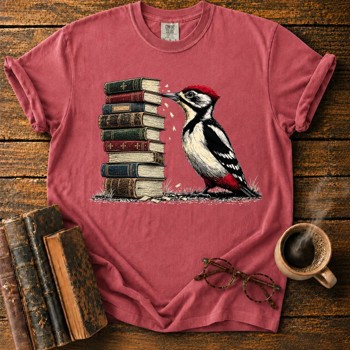 Woodpecker Pecks a Book Stack T-Shirt