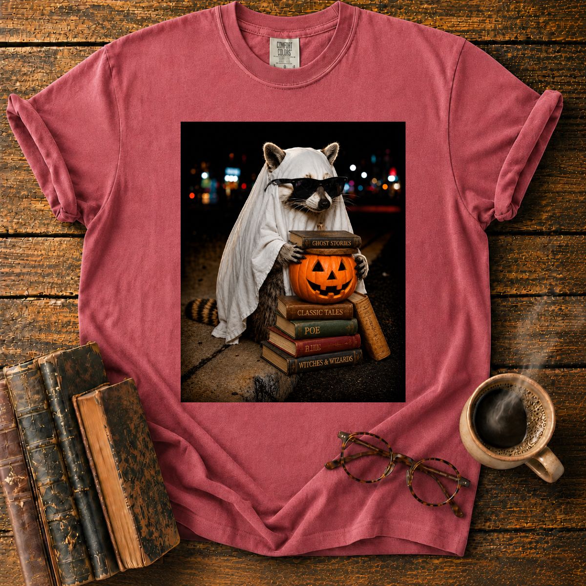 Raccoon Ghost Among Halloween Books T-Shirt