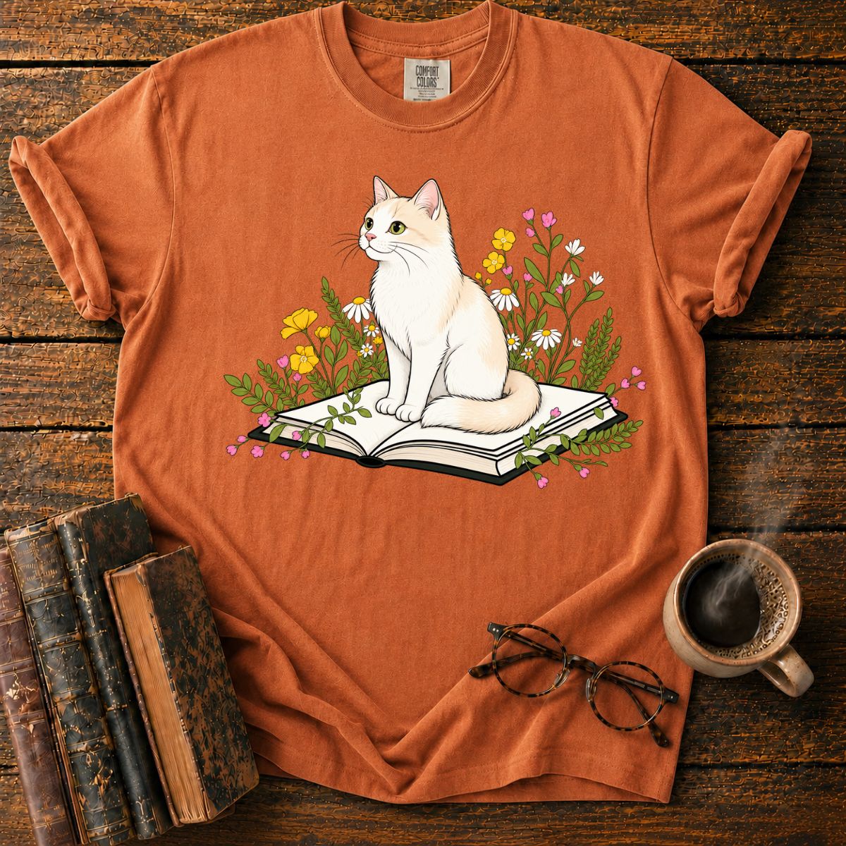 Cat Reading Among Flowers T-Shirt