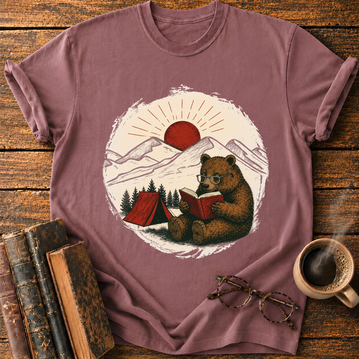 Vintage Camping Bear Reading Badge T-Shirt