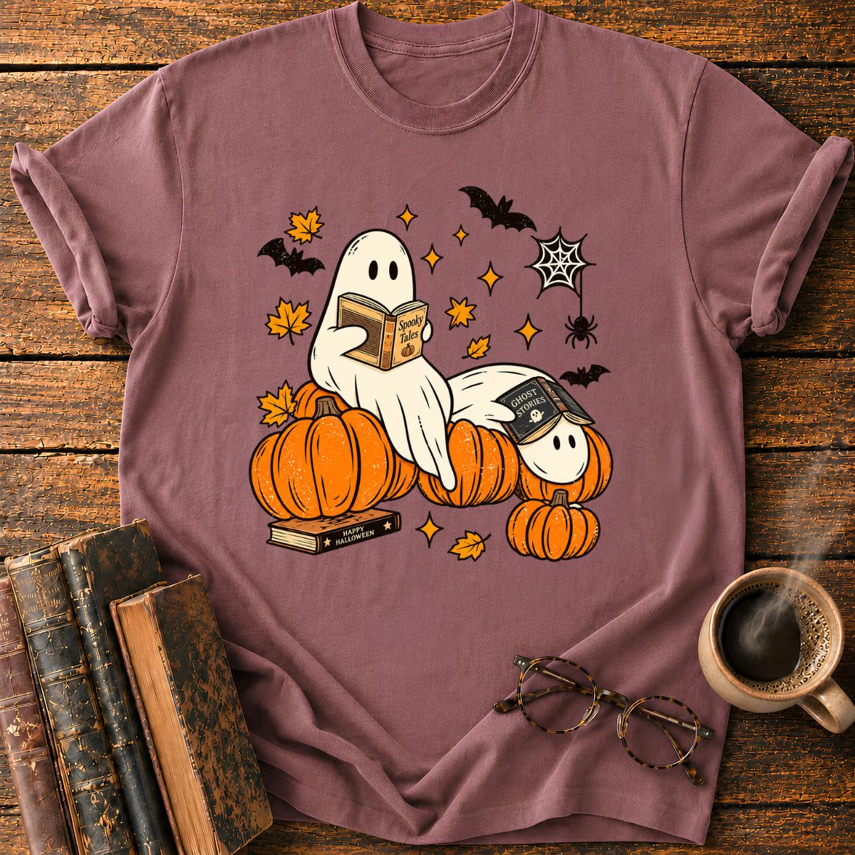 Ghost Reading A Book in Halloween T-Shirt
