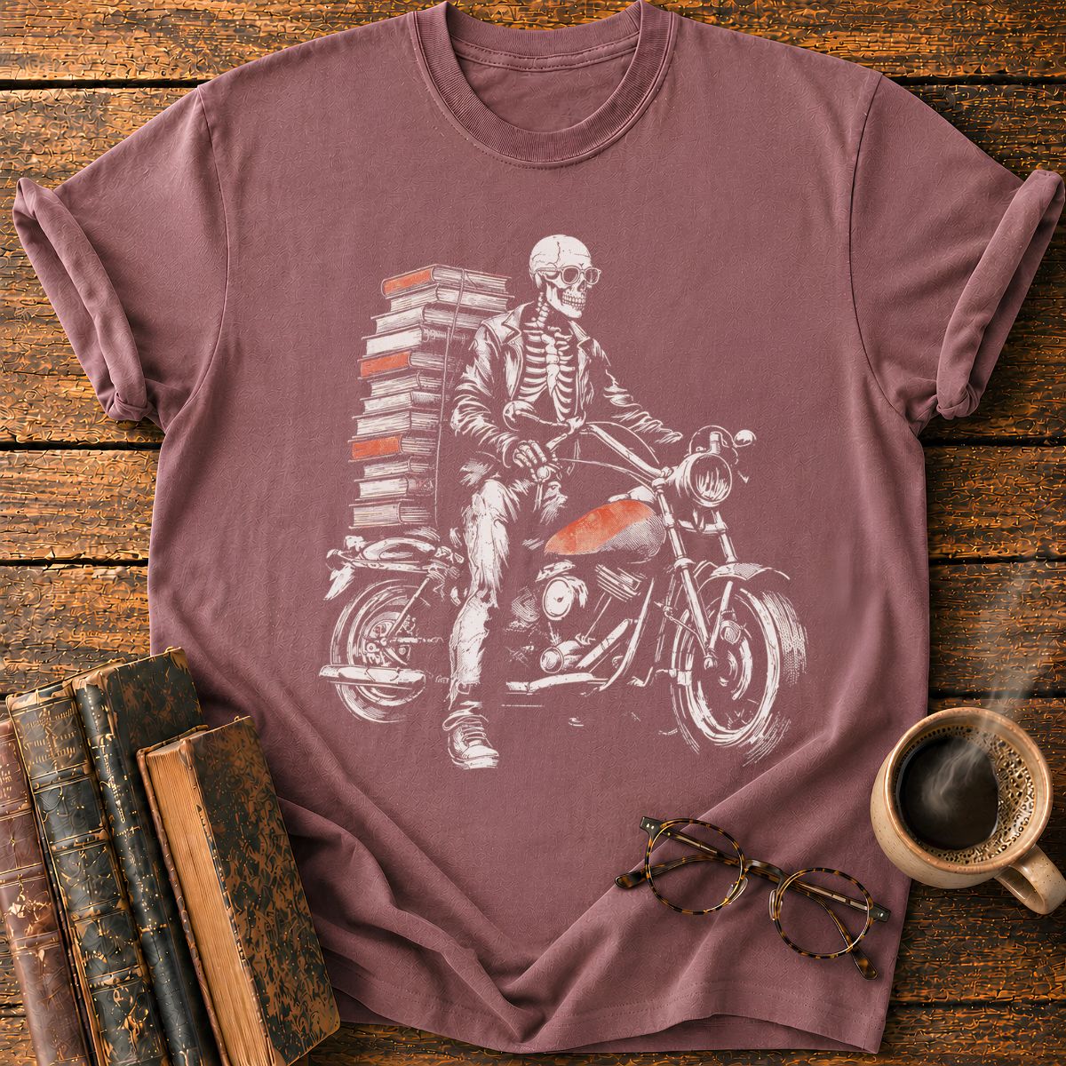 Skeletal Biker’s Tower of Books T-Shirt