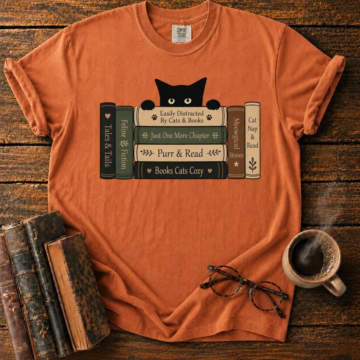 Curious Cat Peeking Over Books T-Shirt