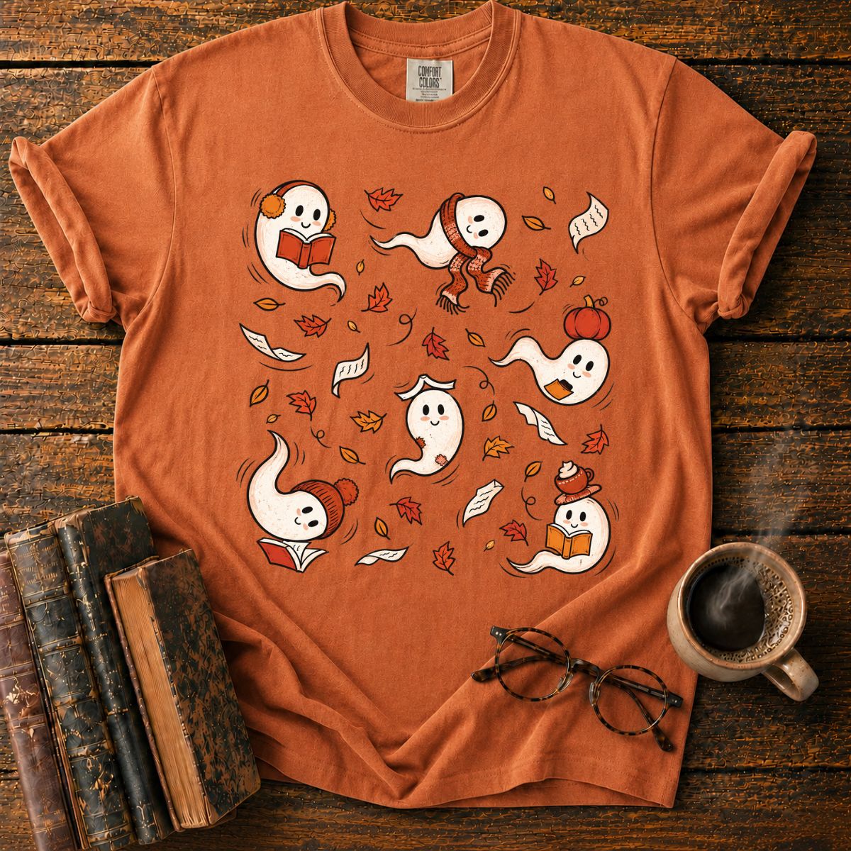 Fall Reading Ghosts Autumn Leaves T-Shirt
