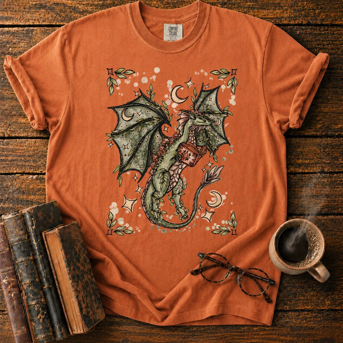 Whimsical Dragon Reading Among Stars T-Shirt