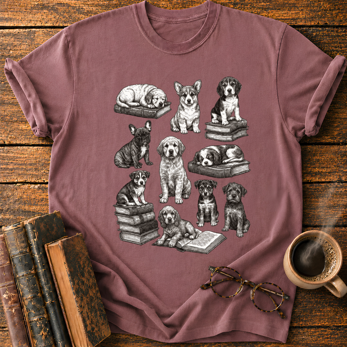 Vintage Puppy Bookworm Collage T-Shirt