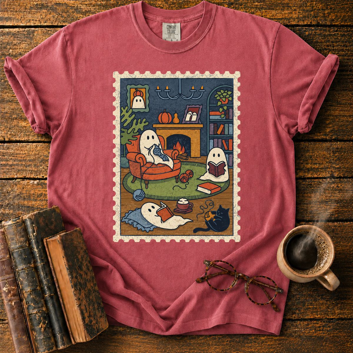 Cozy Ghost Reading Stamp T-Shirt