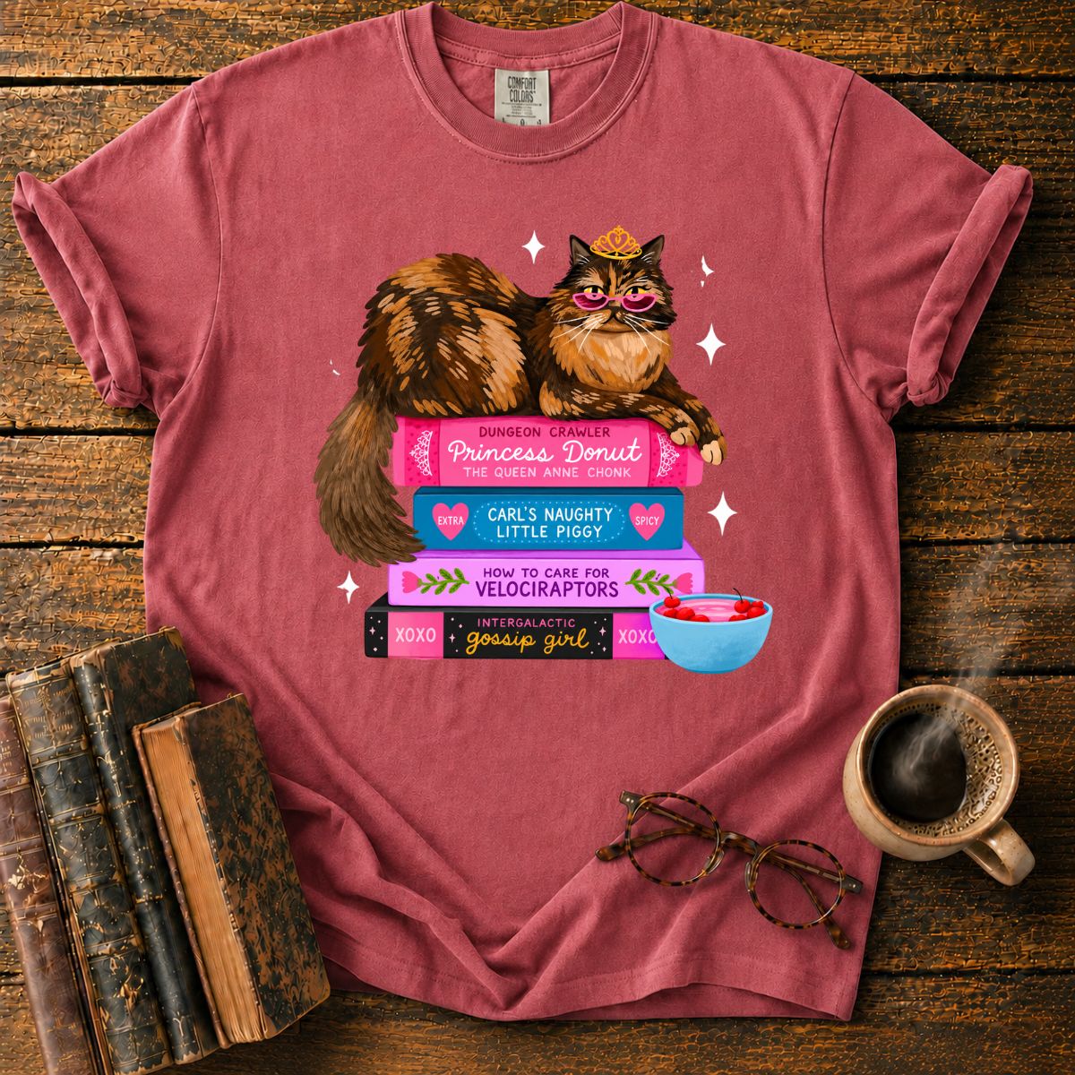 Princess Cat Book Stack Bookish T-Shirt