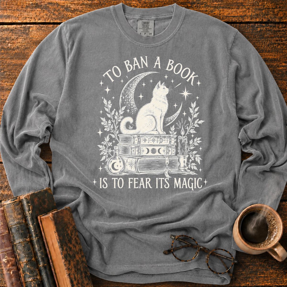 Mystical Cat and Book Magic LS T-Shirt