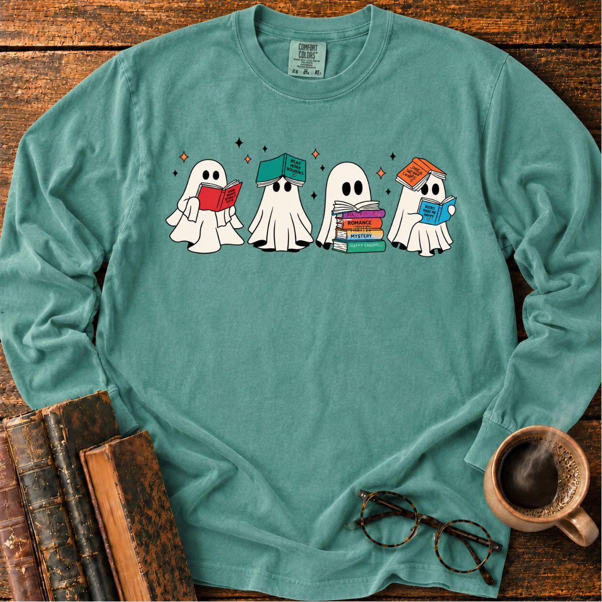 Cute Ghosts Reading Books LS T-Shirt