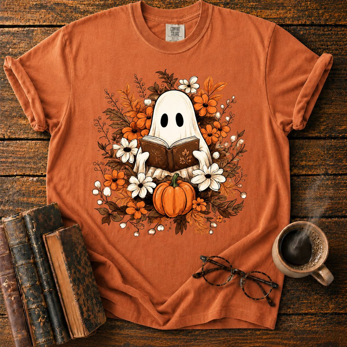 Autumn Ghost Reading in a Floral T-Shirt