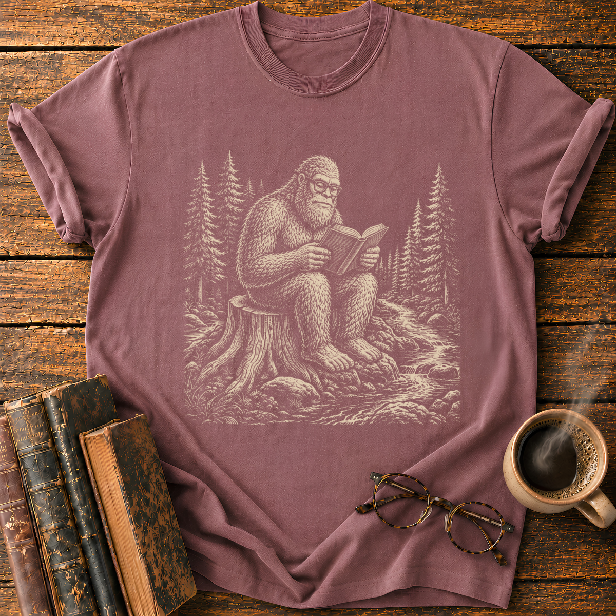 Bigfoot Reading in the Pine Forest T-Shirt