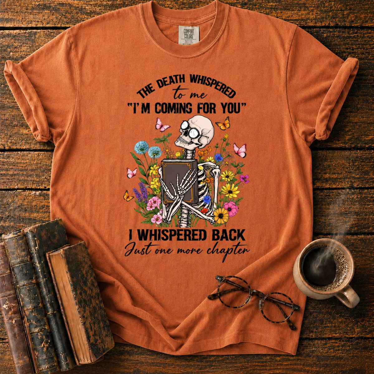 Skeleton’s Floral Bookish Whisper T-Shirt