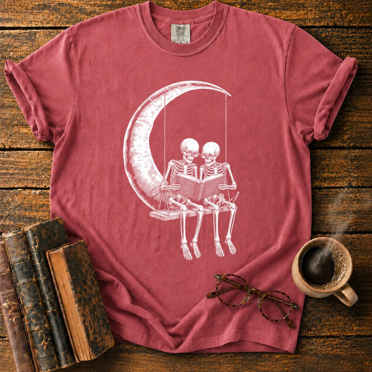 Skeletons Reading Beneath a Crescent Moon T-Shirt
