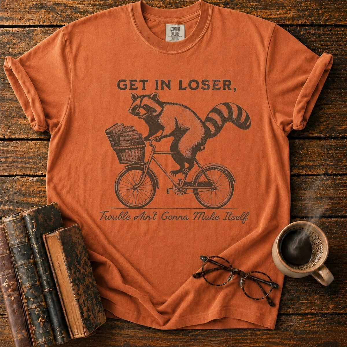Raccoon’s Vintage Book Bike Ride T-Shirt