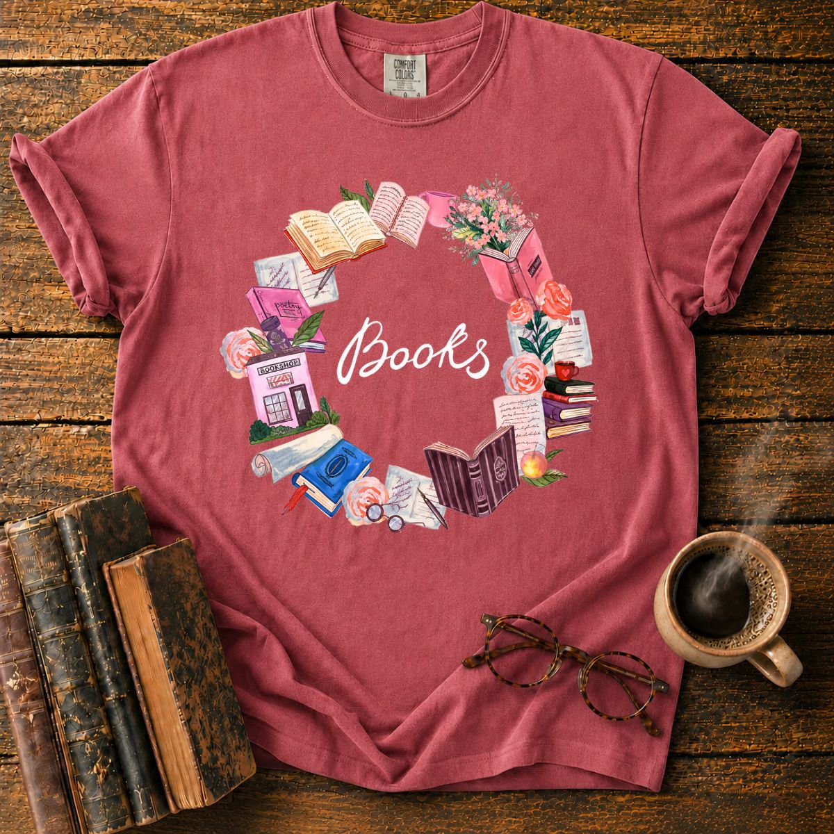 Pastel Books and Blooms Wreath T-Shirt
