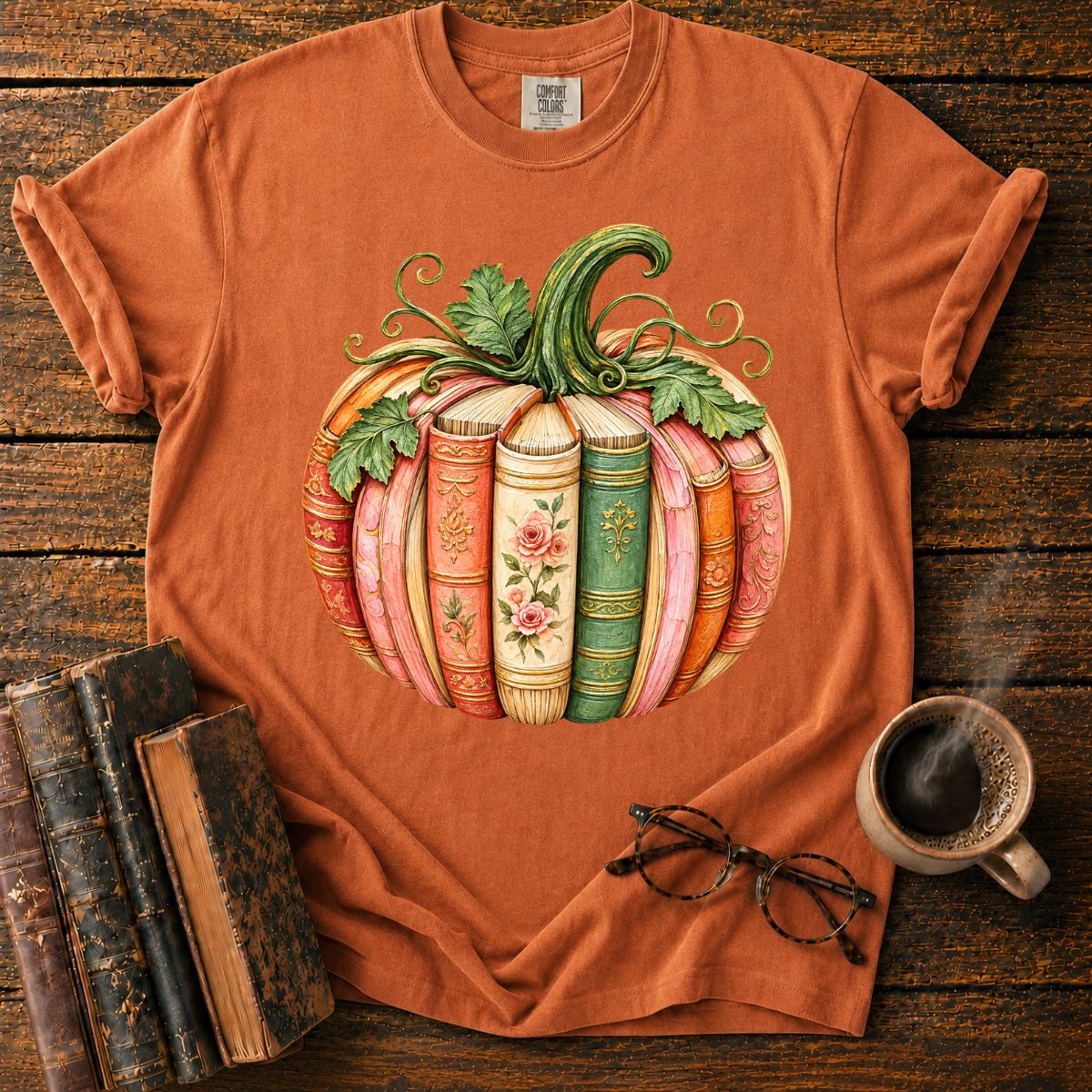 Vintage Book-Spine Pumpkin with Vines T-Shirt