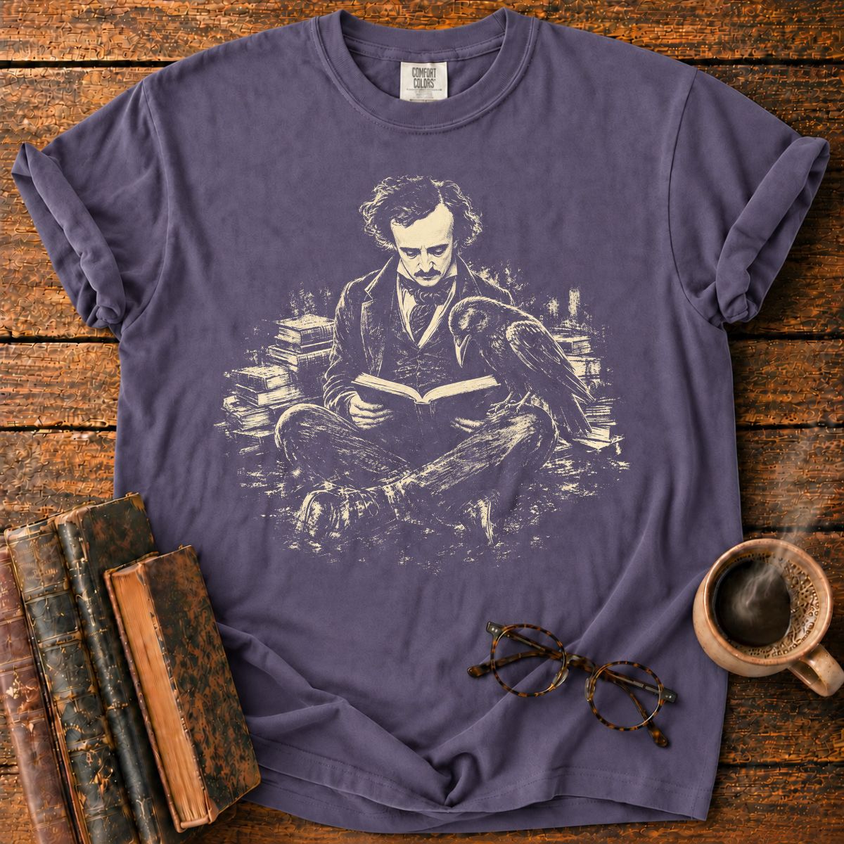 Edgar Allan Poe Reading With Raven T-Shirt