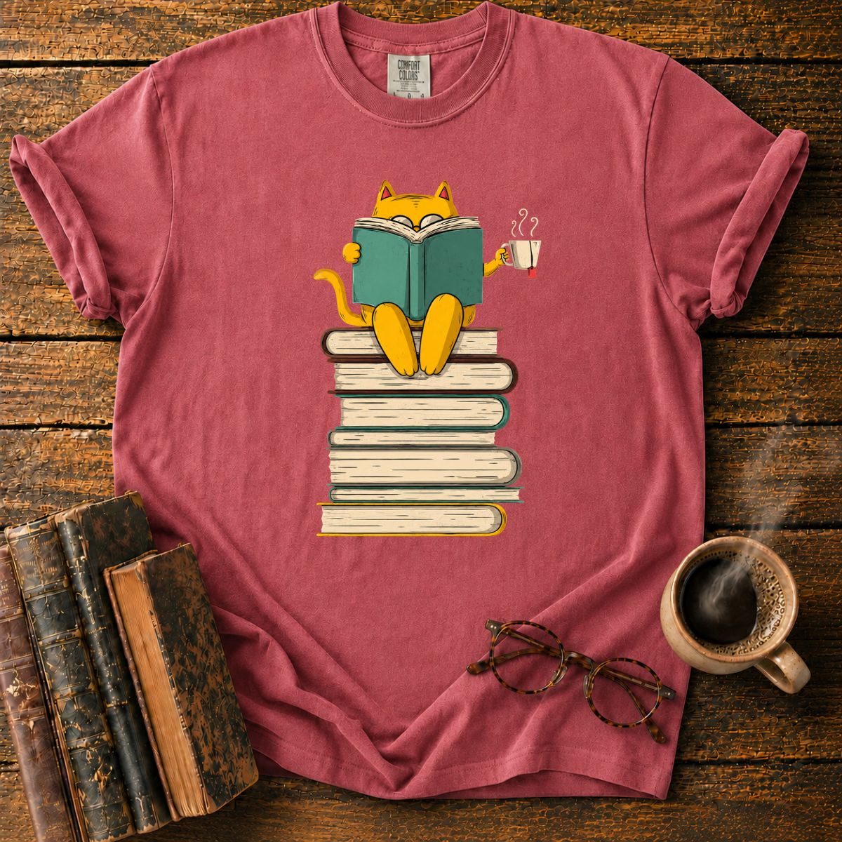 Cat Reading Atop a Tower of Books T-Shirt