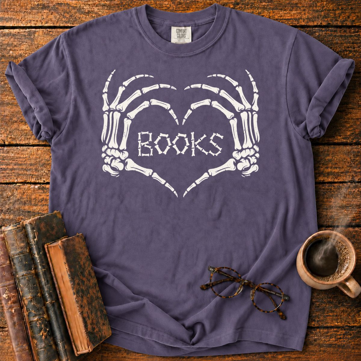 Skeleton Hands Heart Books T-Shirt