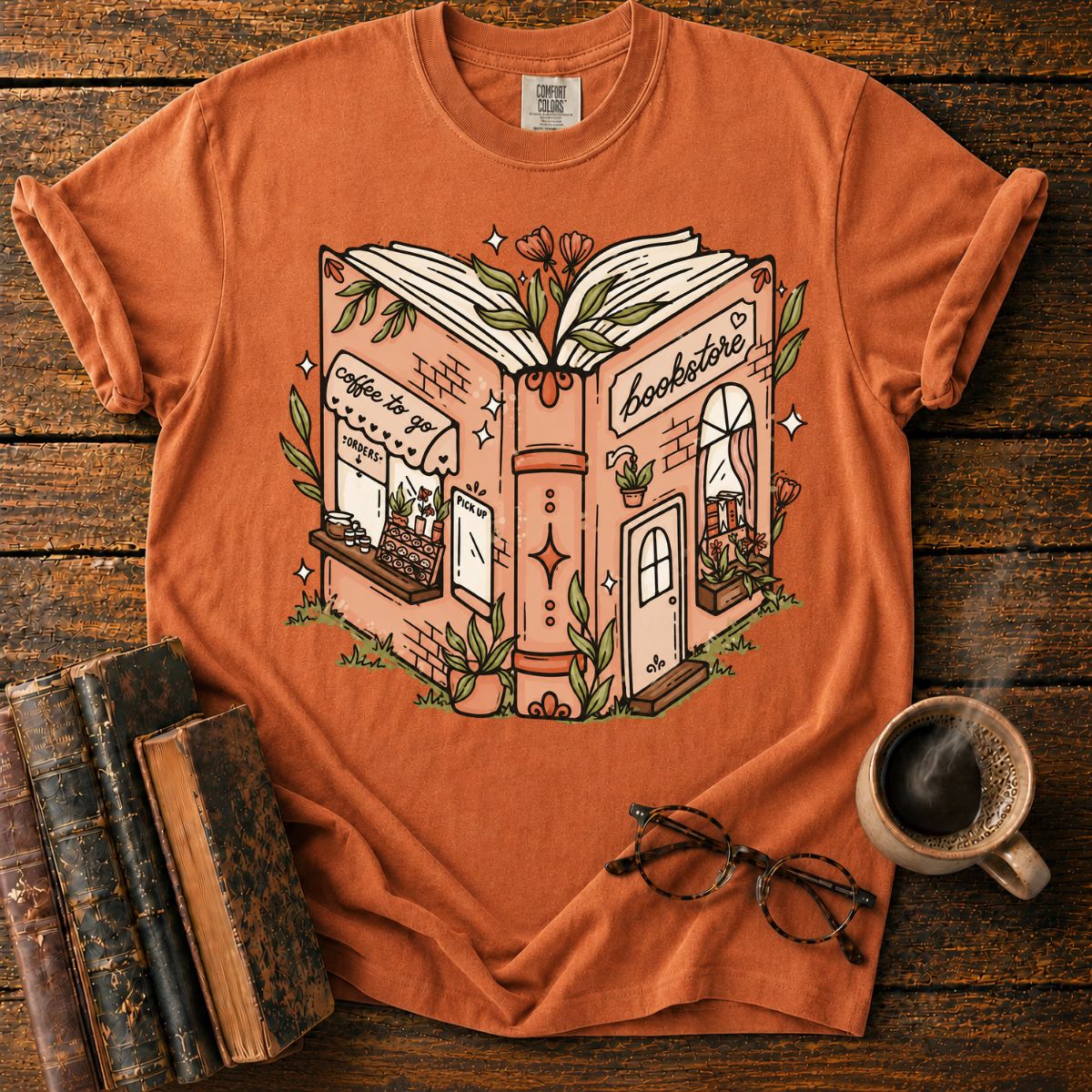 Whimsical Open-Book Bookstore Coffee T-Shirt