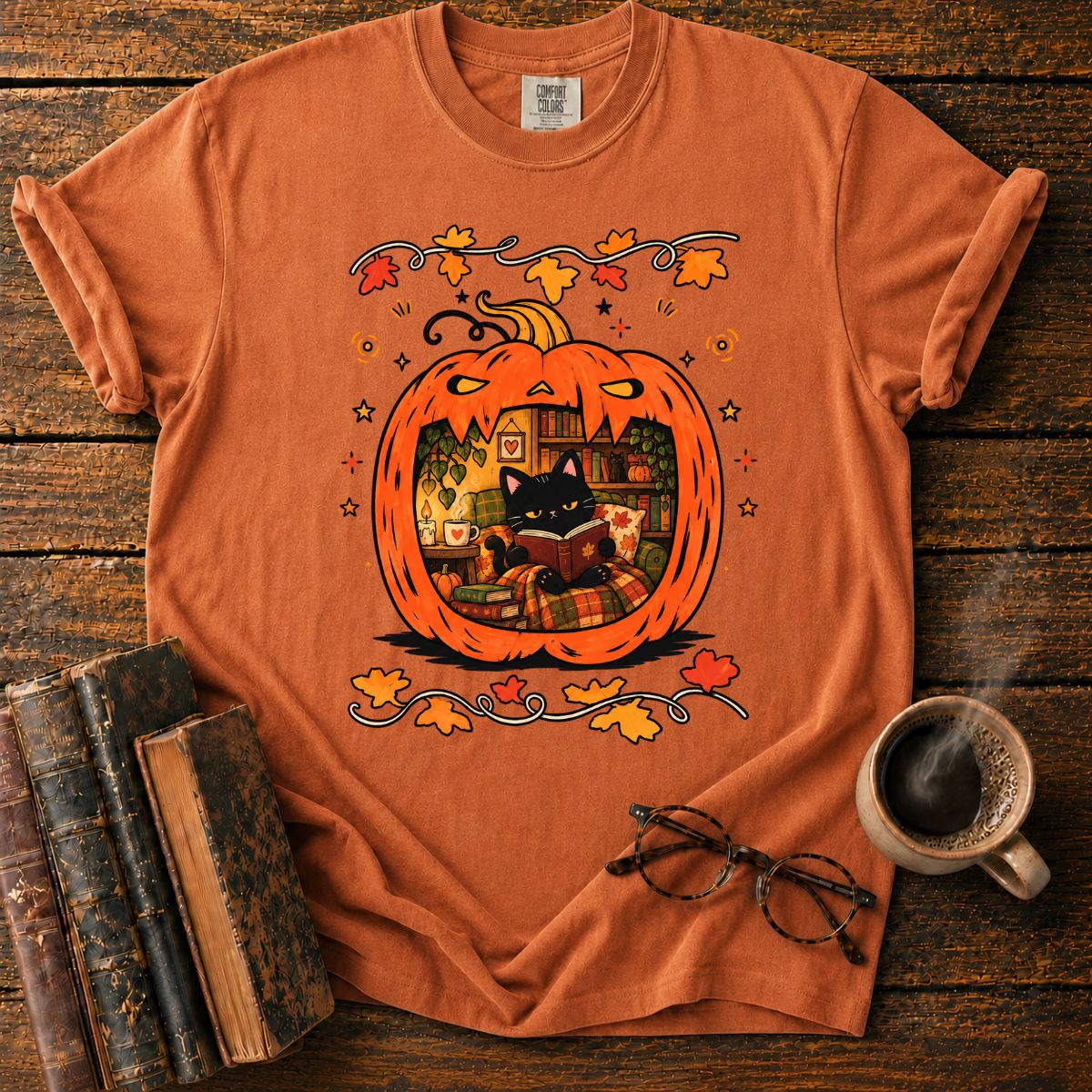 Cozy Pumpkin Reading Nook with Cat T-Shirt