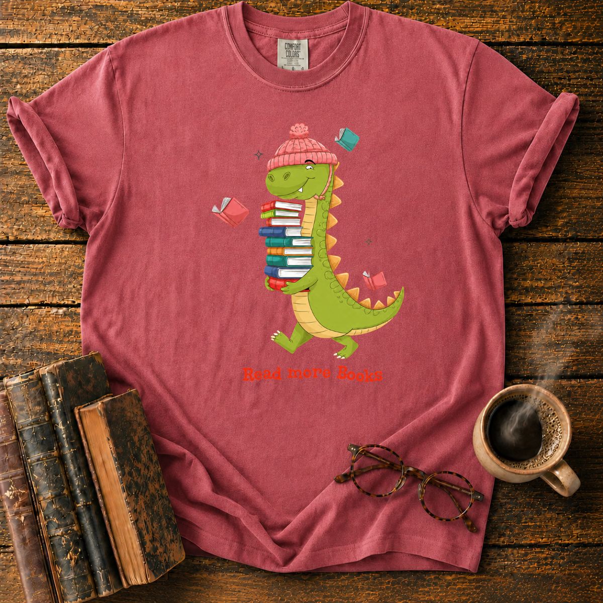 Dinosaur With Books T-Shirt