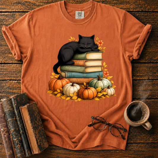 Black Cat Sleep On Books T-Shirt