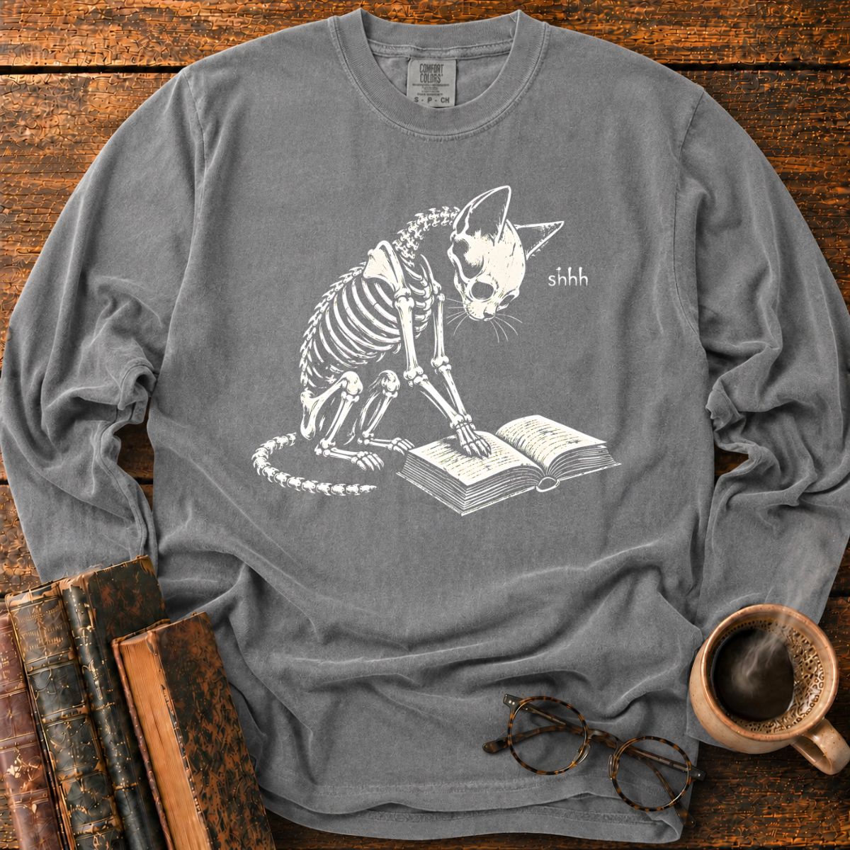 Shhh Skeleton Cat Reading LS T-Shirt